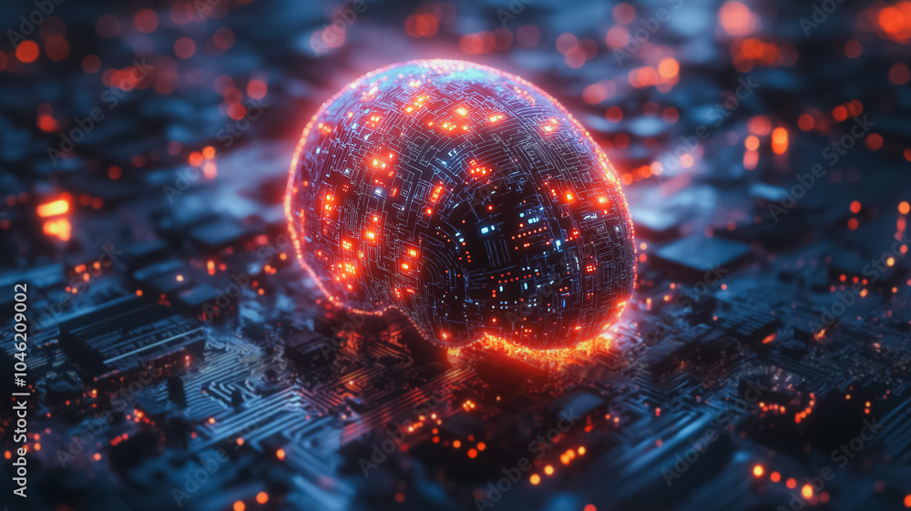 Poster a computer chip with a brain on it. the brain is glowing with orange lights. the image has a futuris
