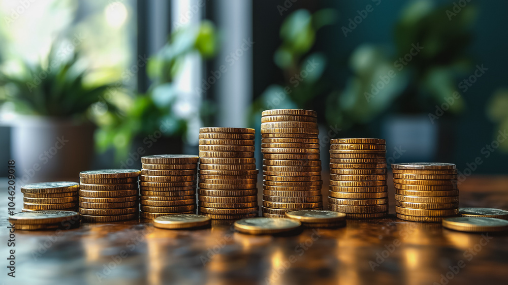Poster a stack of gold coins on a table. the coins are arranged in a pyramid shape, with the largest coin a