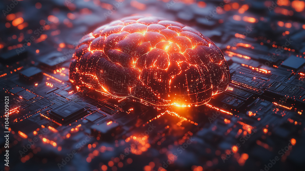 Poster a brain is shown in a computer chip with a red glow. the brain is surrounded by a black background
