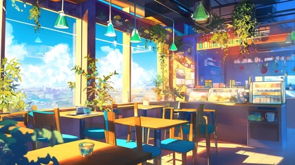 A bright, sunny anime cafe with colorful chairs and plants decorating the space. The open windows let in a warm breeze, and a display of sparkling drinks adds to the joyful vibe of the scene.