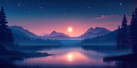 Fototapeta premium Serene Night with Glowing Moon Over Tranquil Landscape
