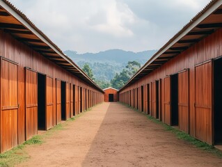 Fototapeta premium Rural market with large open sheds made of timber and steel, designed for farmers to sell produce in a village setting, rural market, spacious and practical