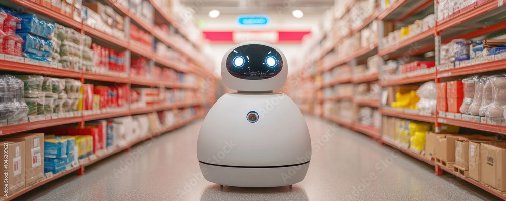 Poster a robot is standing in a grocery store aisle. the robot is white and has a blue light on its head. t