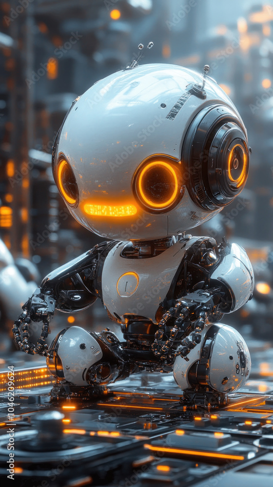 Aufkleber a robot with a glowing face sits on a circuit board. the robot is white and orange