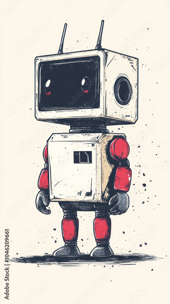 Poster a robot with a smile on its face stands in front of a white box. the robot is wearing red and white