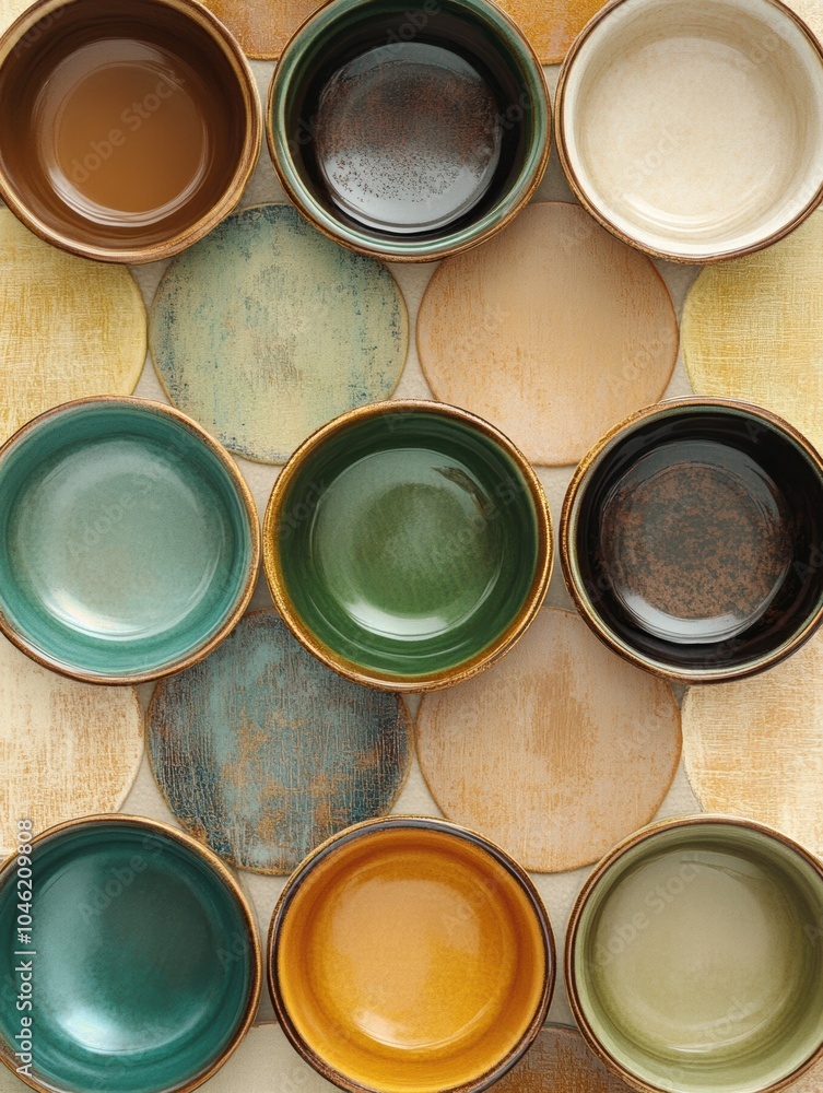 Poster circular tea cups in warm brown and green tones are beautifully arranged to create a harmonious and 