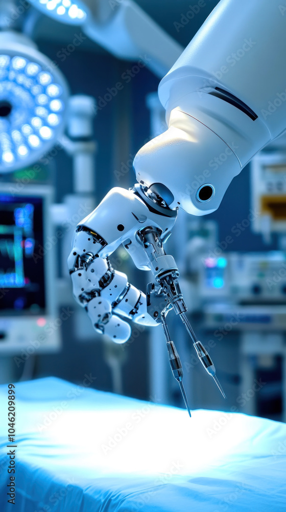 Poster a robot is holding a pair of scissors and is about to cut a piece of paper. concept of precision and