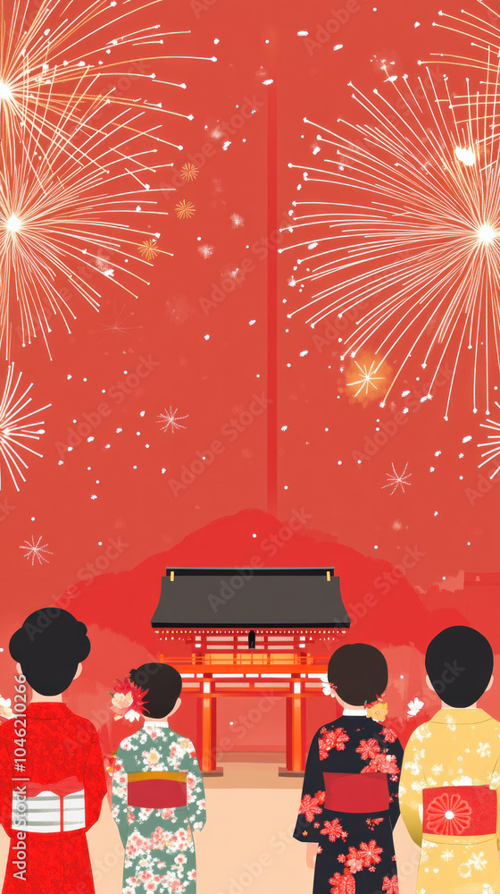Poster a group of people are standing in front of a building with fireworks in the background. scene is cel