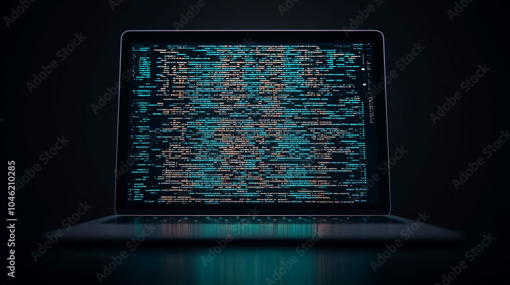 Poster cybersecurity enigma: laptop screen displays complex code, symbolizing digital security, data protec