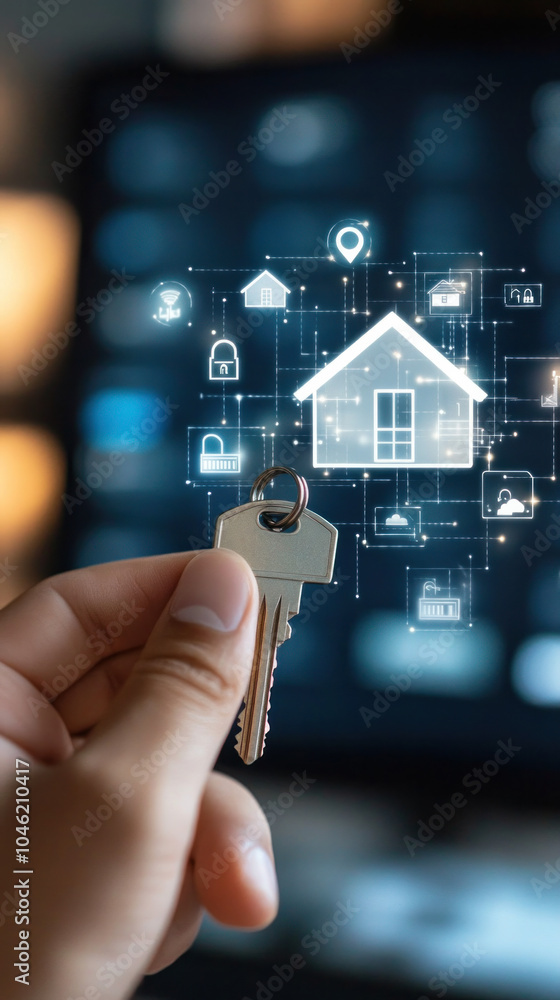 Poster a person is holding a key in front of a computer screen that has a house and other icons. concept of