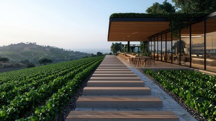 Fototapeta premium Multilevel rural market with wooden terraces and stone walkways, overlooking agricultural land, rural market, architectural harmony with nature