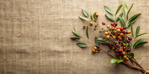 A rustic bouquet of twigs and olive berries on linen fabric with scattered branches , rustic, natural, organic, boho