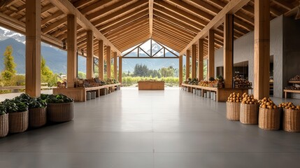 Fototapeta premium Opensided rural market with steel beams and timber accents, placed in a rural village with mountain views, rural market, simple yet stunning architecture