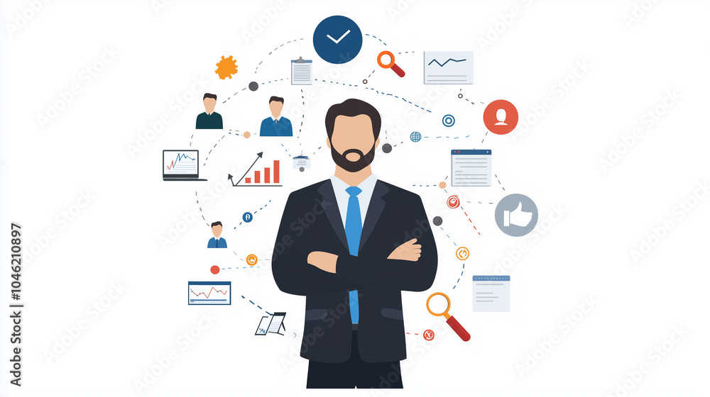 Poster the mastermind: a confident businessman stands at the center of a network of interconnected business