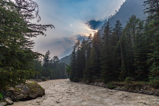 BeauBeautiful view at parbati river valley at kasol, himachal pradesh, India.