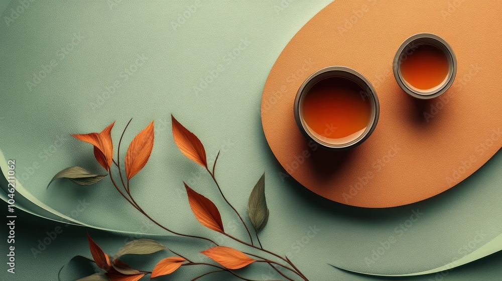 Poster two tea cups sit beside harmoniously arranged tea leaves on a smooth surface, creating a calming atm