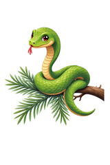Naklejka premium Cartoon green snake on tree branch with leaves