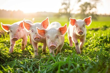 Four piglets walking through a grassy field during sunset.