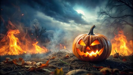 Spooky Halloween landscape with a fiery pumpkin , Halloween, landscape, fire, pumpkin, spooky, October, holiday, night