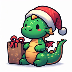 Obraz premium Adorable cartoon dragon wearing santa hat sitting beside gift box