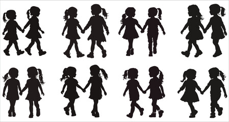 Vector silhouettes of a children playing and holding hands. Silhouettes of children playing. Silhouettes of children playing and holding hands. Vector illustrations of girl playing silhouettes