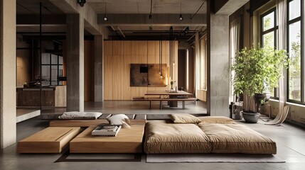Fototapeta premium Modern Loft Apartment Interior Design with Wooden Floor and Cushioned Seating