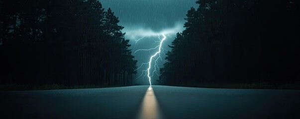 Dramatic lightning strike over a dark forest road under ominous clouds.