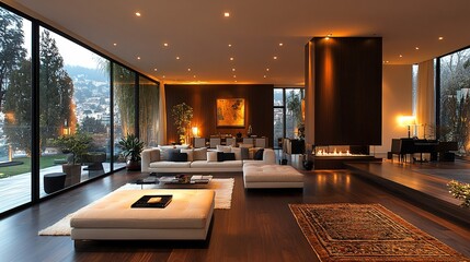 Fototapeta premium Modern Living Room with Fireplace Large Windows and City View
