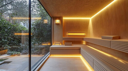 A contemporary sauna featuring smooth light wood 