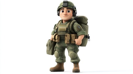Fototapeta premium Cartoon Soldier in Camouflage Uniform with Backpack and Gear