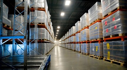 Fototapeta premium Large warehouse with stacked pallets and organized storage, showcasing efficient logistics and industrial operations