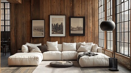Fototapeta premium Modern Loft Interior Design with White Sofa Wood Walls and Cityscape Artwork