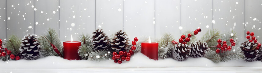 Red Christmas burning candles, balls, baubles and pine cones and branches in a row covered with snow and snowfall on white wooden board background in winter. Horizontal composition.