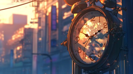 Obraz premium A macro shot of an old-fashioned clock on a street corner, its glass slightly fogged from the cool evening air, with the twilight city reflected faintly on its surface.