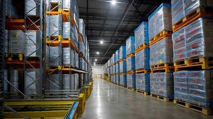 Fototapeta premium Large warehouse with stacked pallets and organized storage, showcasing efficient logistics and industrial operations