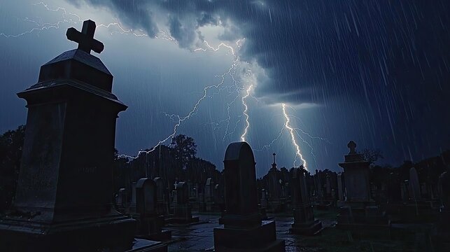 Dramatic lightning over a cemetery with stone monuments under a dark stormy sky.