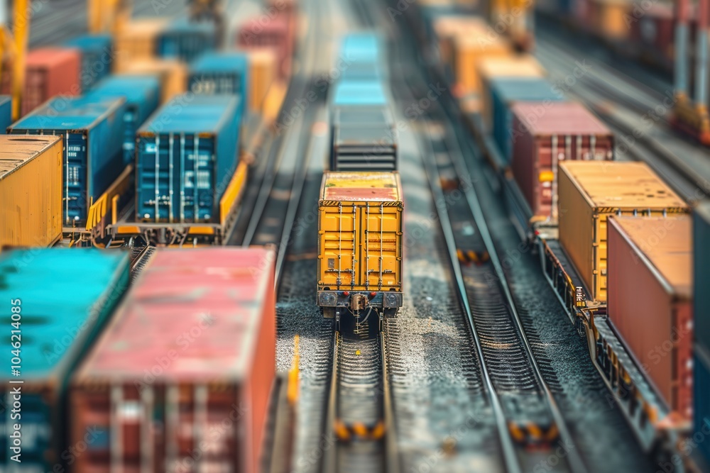 Poster containers are being transferred from a truck to a train at a busy transport facility, highlighting 