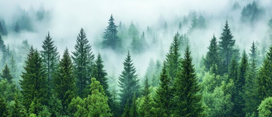 Fototapeta premium Dense green pine forest shrouded in thick white morning mist during an overcast day.