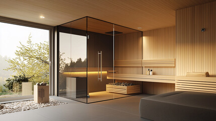 a contemporary sauna with a frameless glass door