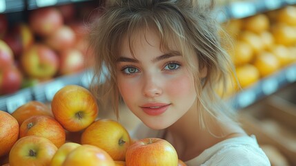 A young woman with blonde hair and blue eyes smiles at the camera, surrounded by apples in a grocery store.