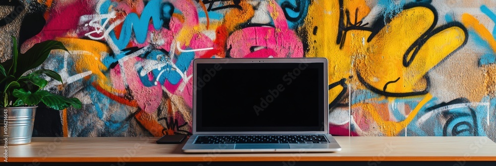 Poster a modern workspace combines a laptop and a potted plant, set against a colorful graffiti background 