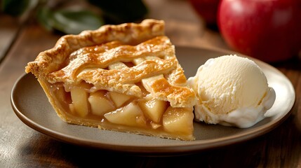 A classic American apple pie, with a flaky crust and a scoop of vanilla ice cream.

