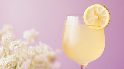 Refreshing Lemonade with Lemon Slice and White Flowers on Pink Background