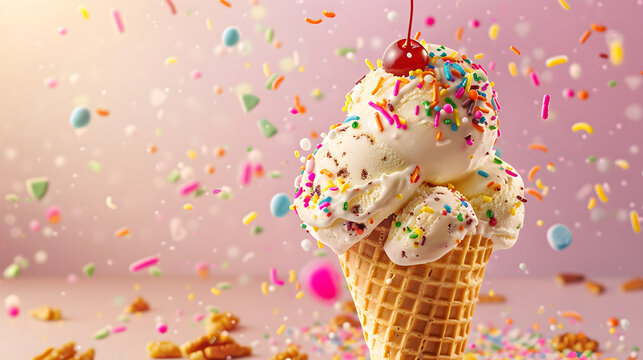 JQ's Dessert Triumph: A Masterpiece of Vanilla, Chocolate, and Sprinkle Swirls on a Golden Waffle Cone