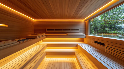 a contemporary sauna with a streamlined wood finish