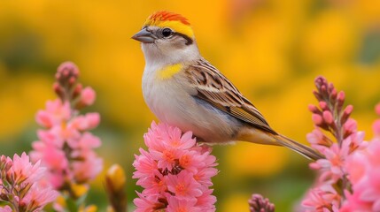 A colorful bird perched on pink flowers against a vibrant background.