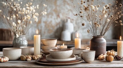 Fototapeta premium A cozy tabletop setting featuring dried flowers, candles, and rustic dishware, creating a warm and inviting atmosphere.