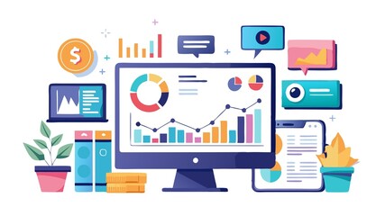 A computer screen displays several charts and a laptop with a line graph, as well as a tablet, two potted plants, icons, 