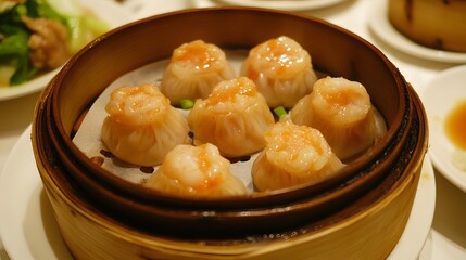 A dish of Chinese dim sum, with steamed dumplings filled with shrimp or pork.


