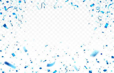 Celebration background template with confetti and blue ribbons. Shiny carnival decoration. Bright festive tinsel of blue color.